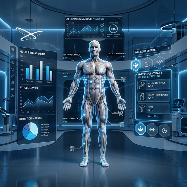 A futuristic interface showing a 3D muscular anatomy model with multiple data points, charts, and AI-generated workout blocks