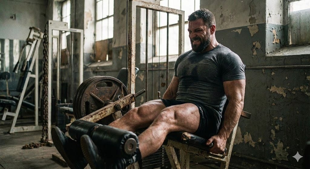 Athlete driving a heavy sled on turf
