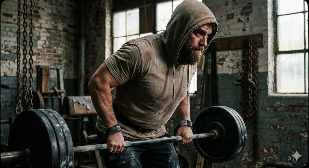 Athlete performing controlled row exercise with focused form