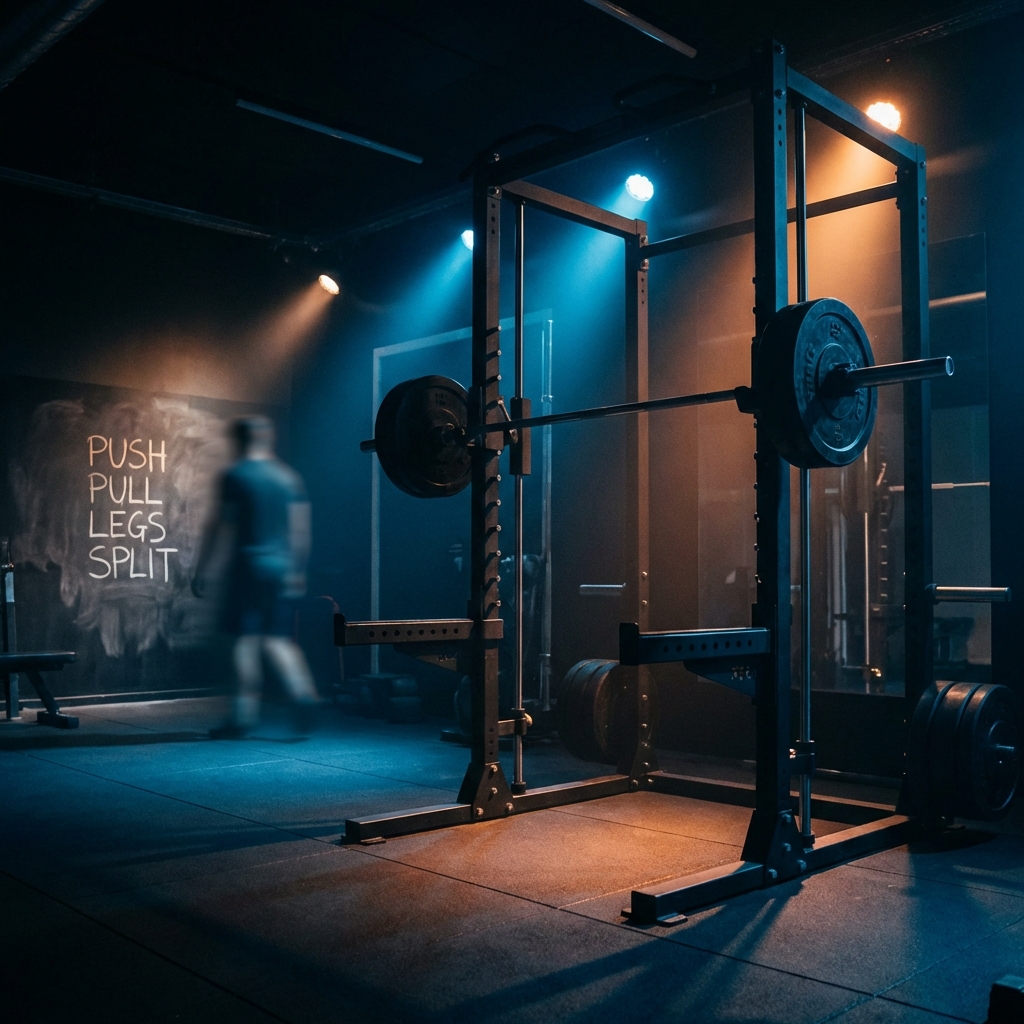 Modern gym with squat rack and cinematic lighting representing a Push Pull Legs split