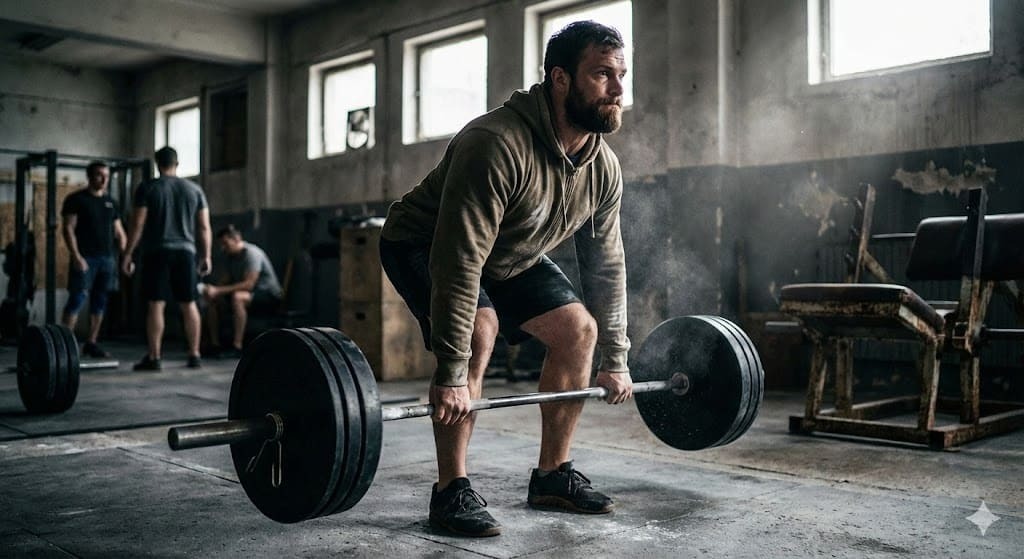 A powerlifter intensely gripping a heavily loaded barbell right before a massive deadlift pull.
